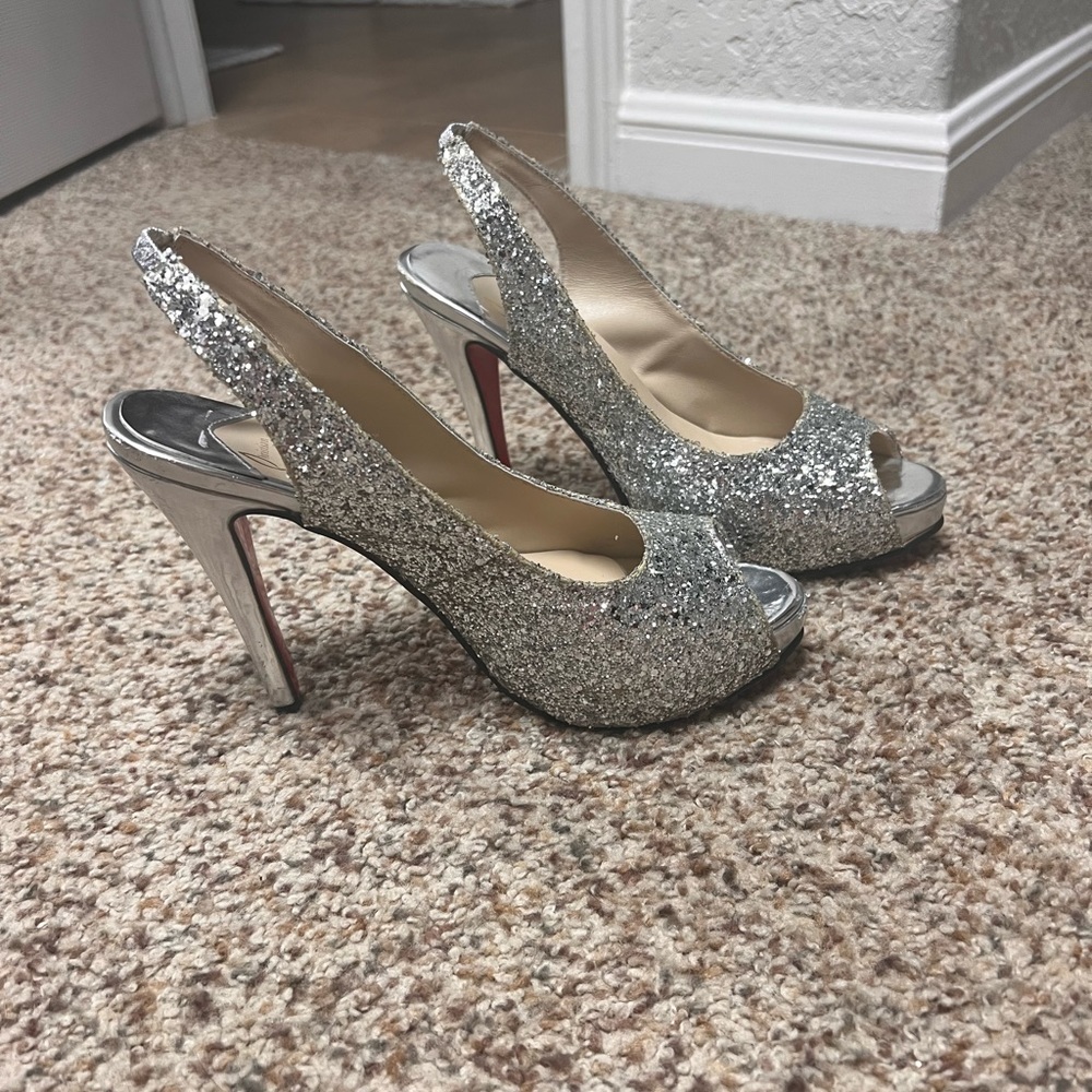 Sparkly Louboutin Open Toe Heels, Size 38 - image 1